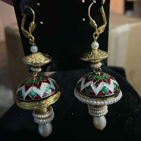 Vintage hand crafted beaded meenakari jhumka earrings - Picture 1 of 4